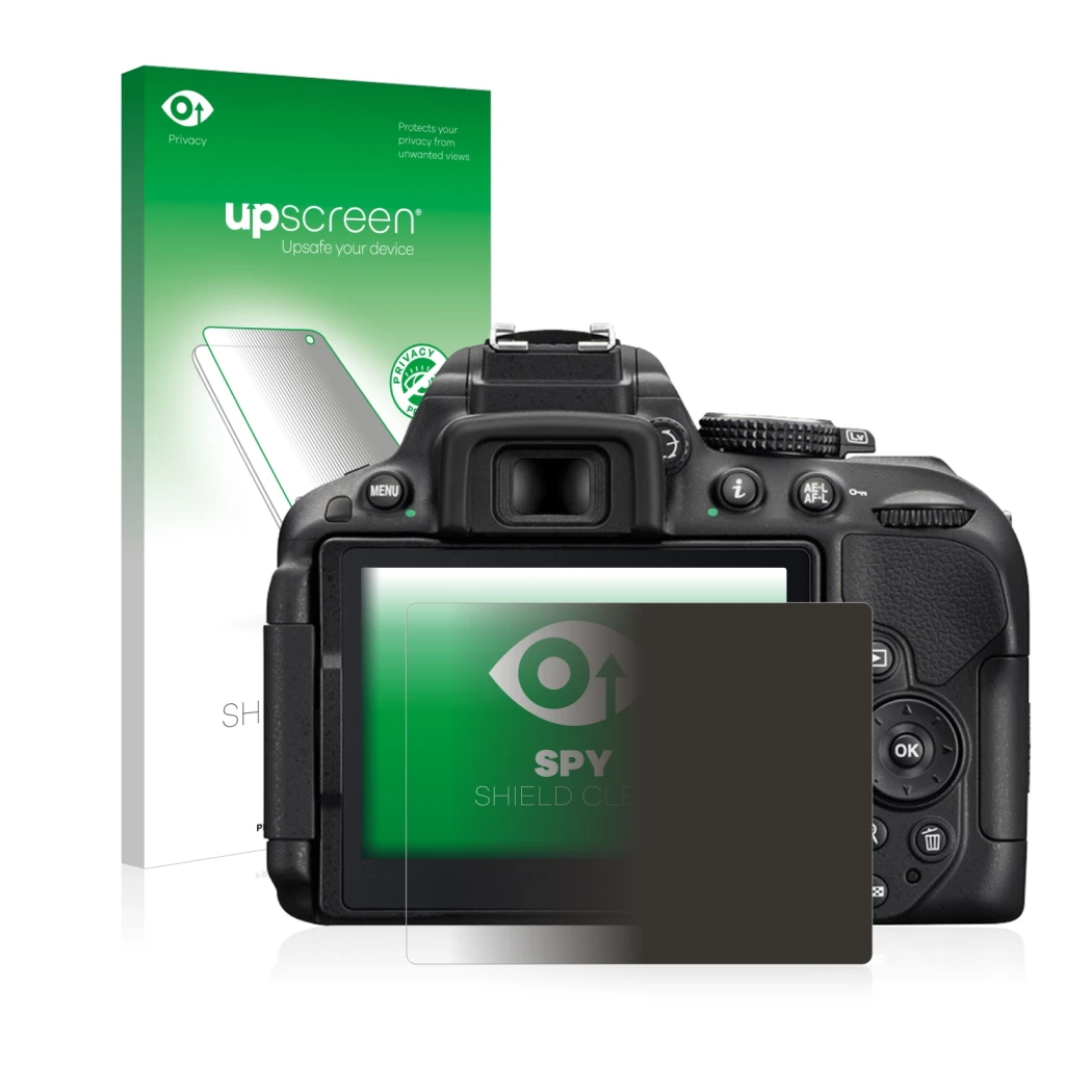 Vorderseite einer Produktverpackung mit dem Markenlogo upscreen. Daneben ist das Gerät Nikon D5300 mit dem zugehörigen Display