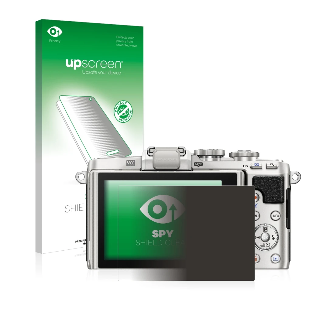 Vorderseite einer Produktverpackung mit dem Markenlogo upscreen. Daneben ist das Gerät Olympus PEN E-PL7 mit dem zugehörigen D