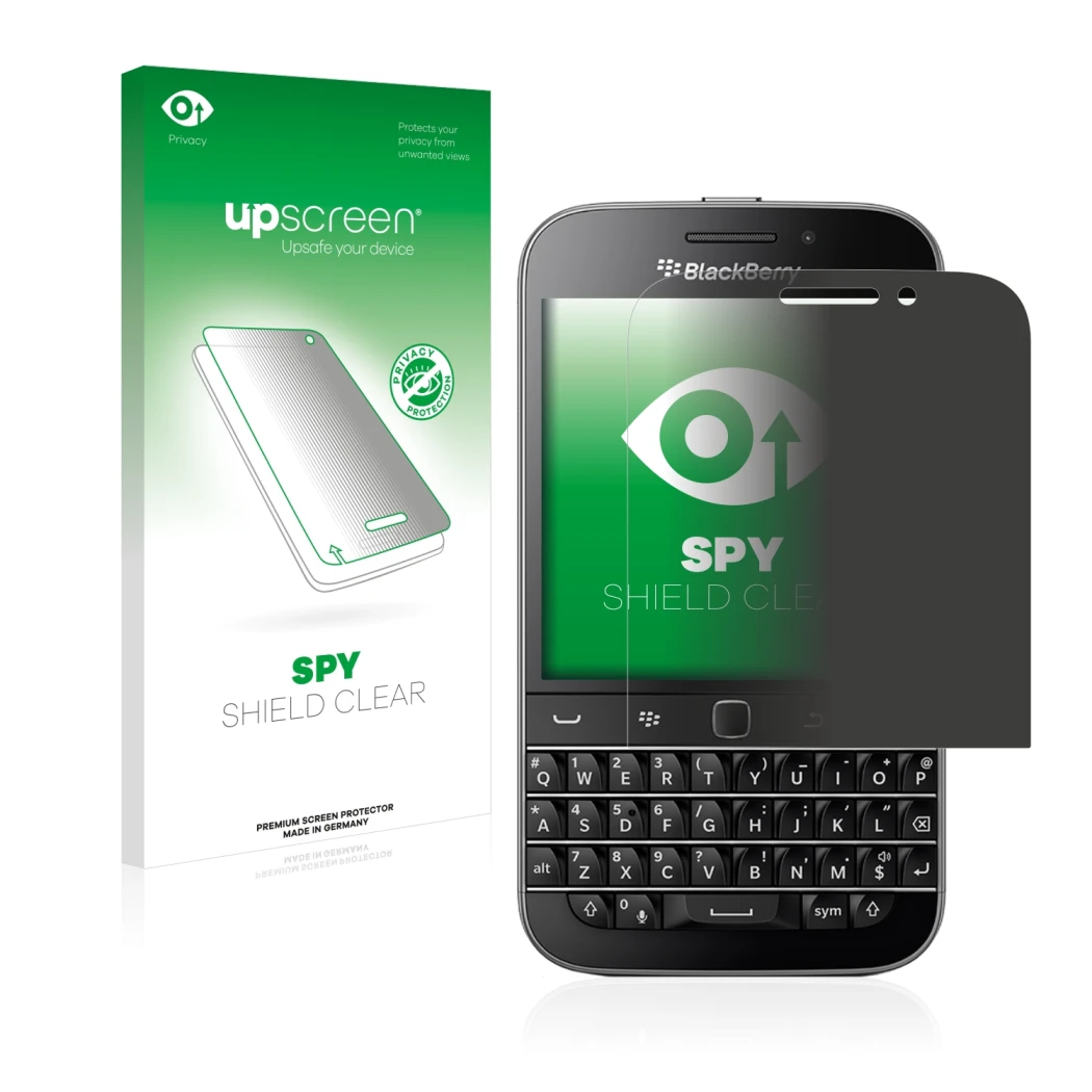 Vorderseite einer Produktverpackung mit dem Markenlogo upscreen. Daneben ist das Gerät Blackberry Classic Q20 mit dem zugehöri