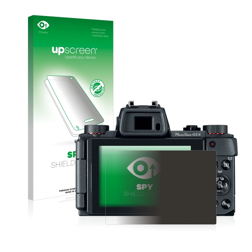 Vorderseite einer Produktverpackung mit dem Markenlogo upscreen. Daneben ist das Gerät Canon PowerShot G5 X mit dem zugehörige
