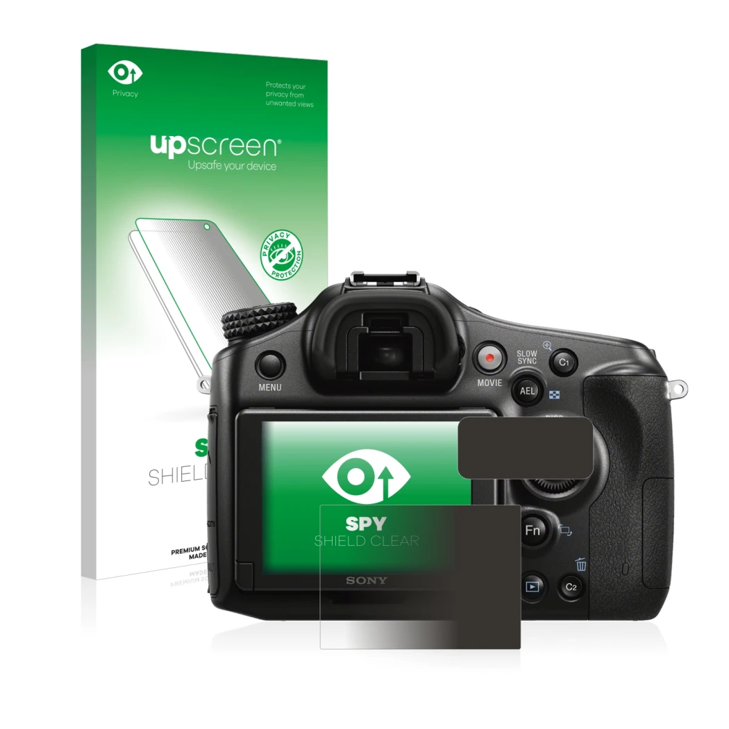 Vorderseite einer Produktverpackung mit dem Markenlogo upscreen. Daneben ist das Gerät Sony Alpha 68 mit dem zugehörigen Displ