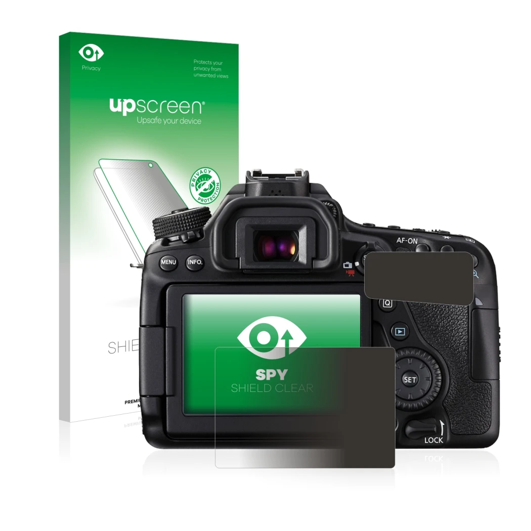 Vorderseite einer Produktverpackung mit dem Markenlogo upscreen. Daneben ist das Gerät Canon EOS 80D mit dem zugehörigen Displ