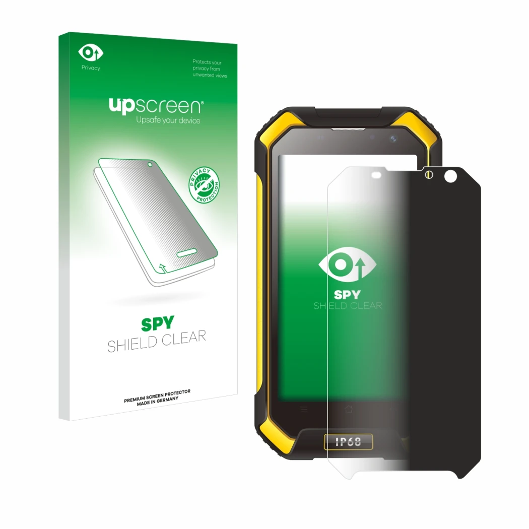 Vorderseite einer Produktverpackung mit dem Markenlogo upscreen. Daneben ist das Gerät Blackview BV6000 mit dem zugehörigen Di