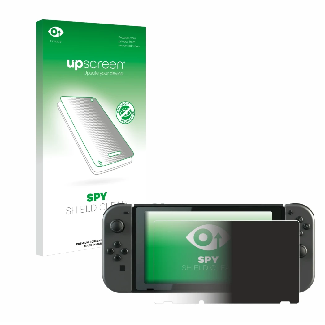Vorderseite einer Produktverpackung mit dem Markenlogo upscreen. Daneben ist das Gerät Nintendo Switch mit dem zugehörigen Dis