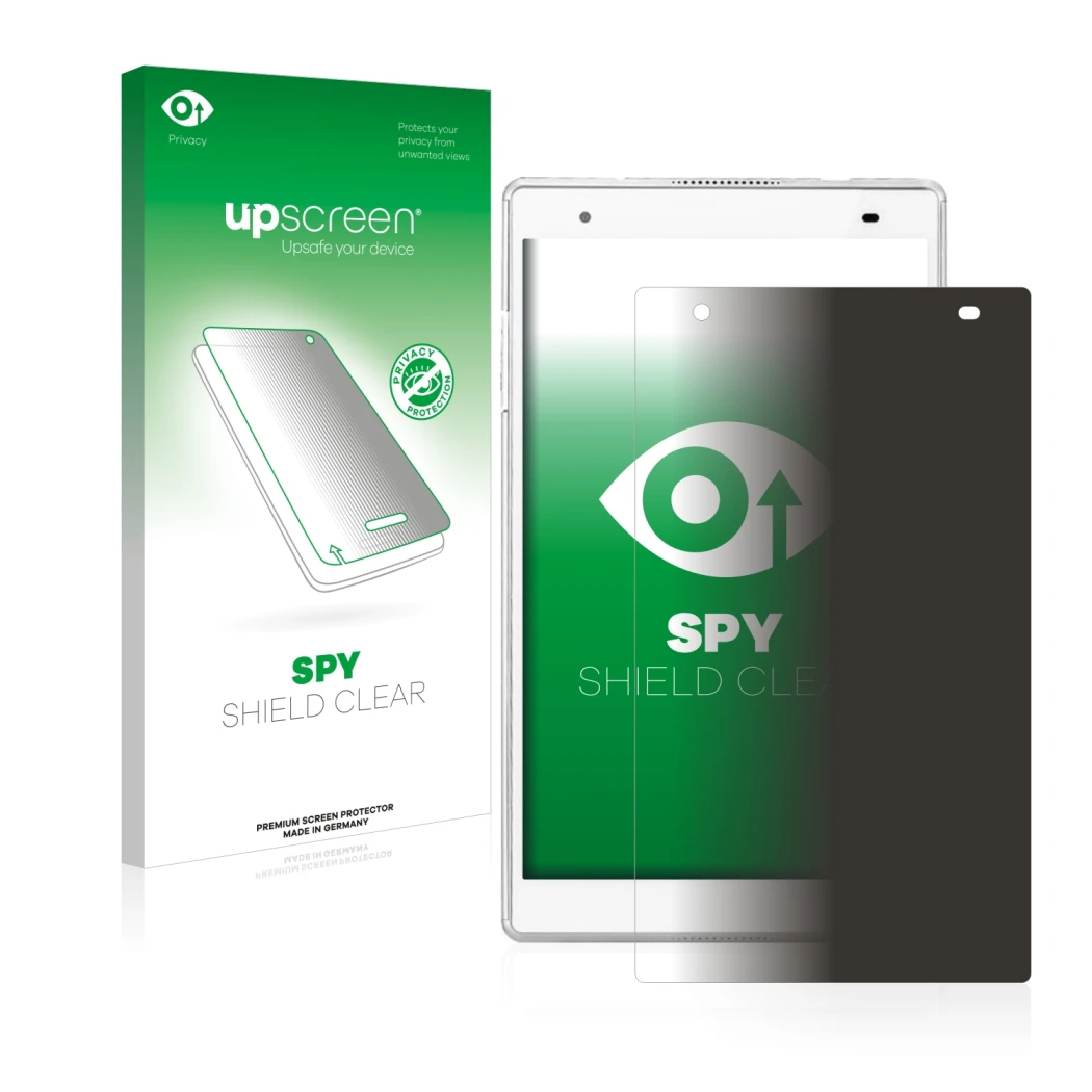 Vorderseite einer Produktverpackung mit dem Markenlogo upscreen. Daneben ist das Gerät Lenovo Tab 4 8 Plus mit dem zugehörigen