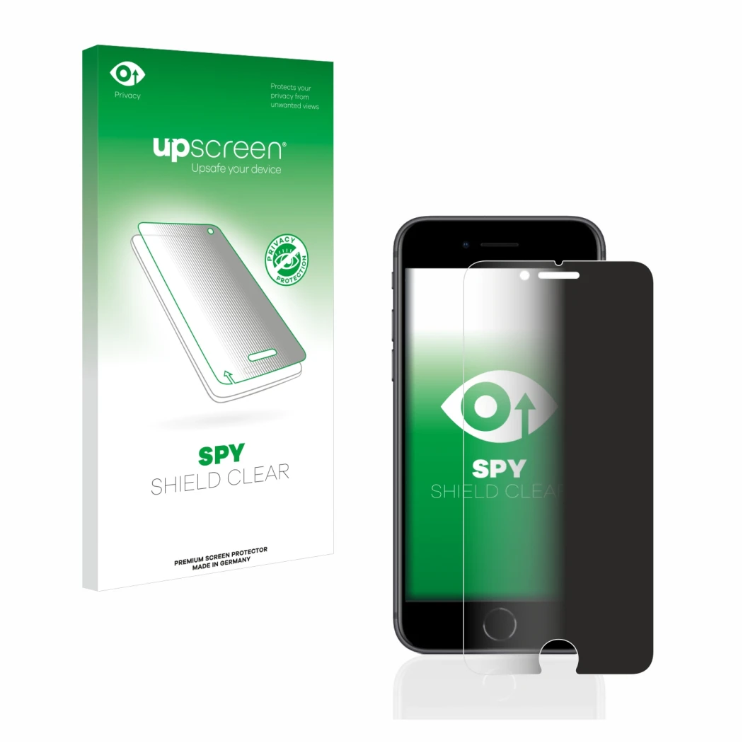 Vorderseite einer Produktverpackung mit dem Markenlogo upscreen. Daneben ist das Gerät Apple iPhone 8 mit dem zugehörigen Disp