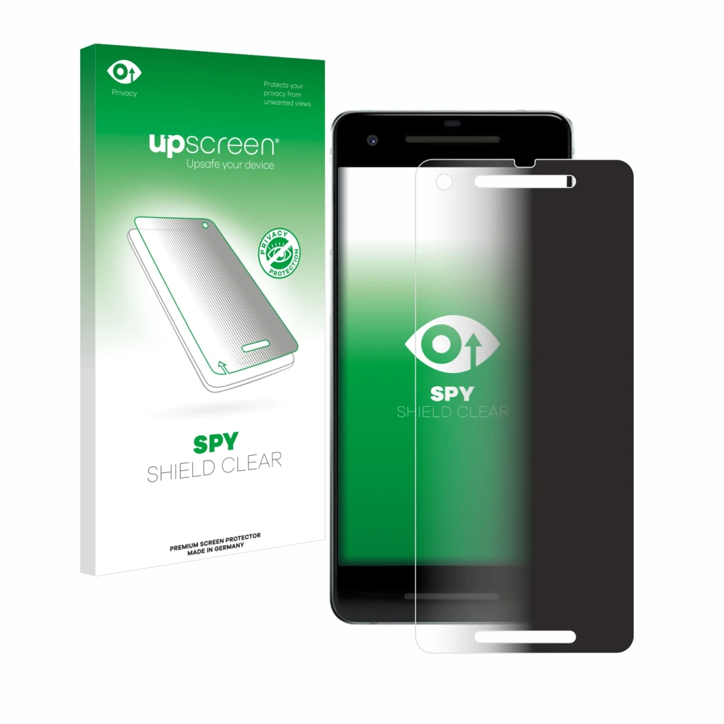 Vorderseite einer Produktverpackung mit dem Markenlogo upscreen. Daneben ist das Gerät Google Pixel 2 mit dem zugehörigen Disp