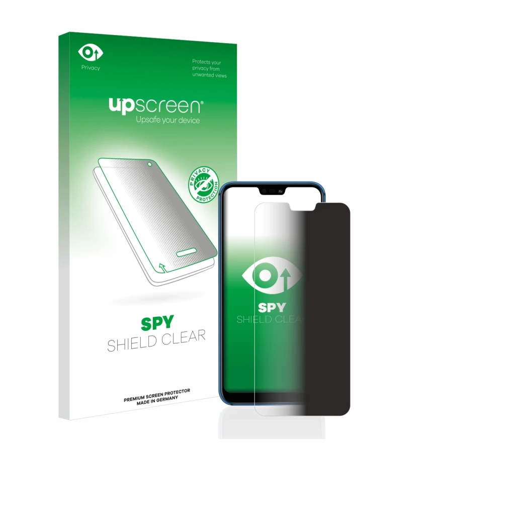 Vorderseite einer Produktverpackung mit dem Markenlogo upscreen. Daneben ist das Gerät Huawei P20 lite 2018 mit dem zugehörige