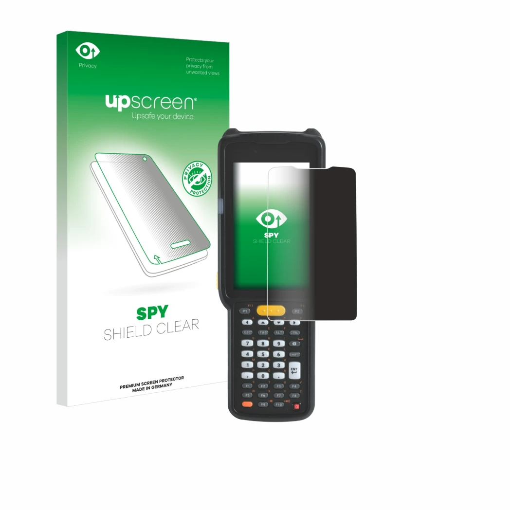 Vorderseite einer Produktverpackung mit dem Markenlogo upscreen. Daneben ist das Gerät Zebra MC330 mit dem zugehörigen Display