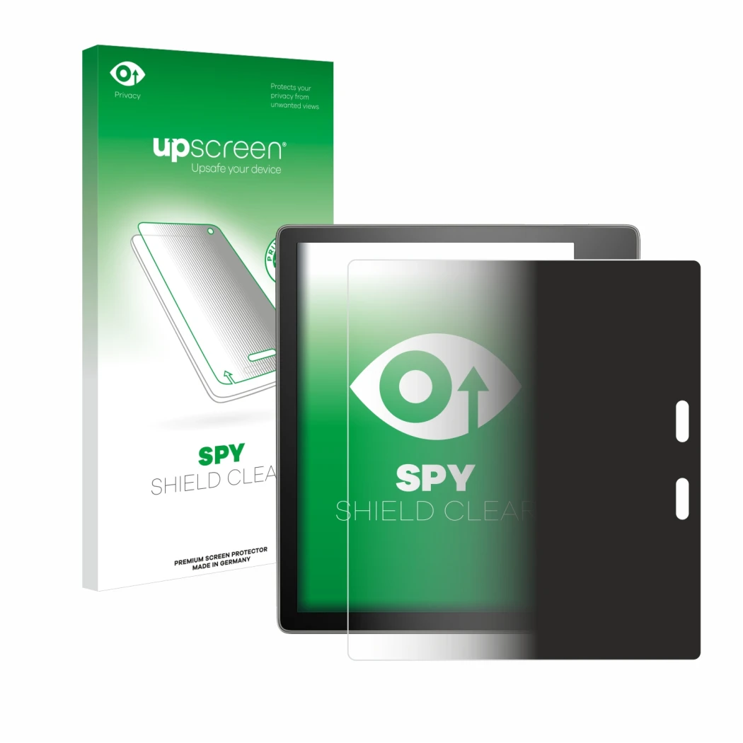 Vorderseite einer Produktverpackung mit dem Markenlogo upscreen. Daneben ist das Gerät Amazon Kindle Oasis 2019 (10. Gen.) mit