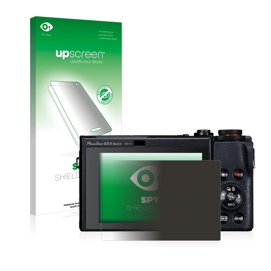 Vorderseite einer Produktverpackung mit dem Markenlogo upscreen. Daneben ist das Gerät Canon PowerShot G5 X Mark II mit dem zu
