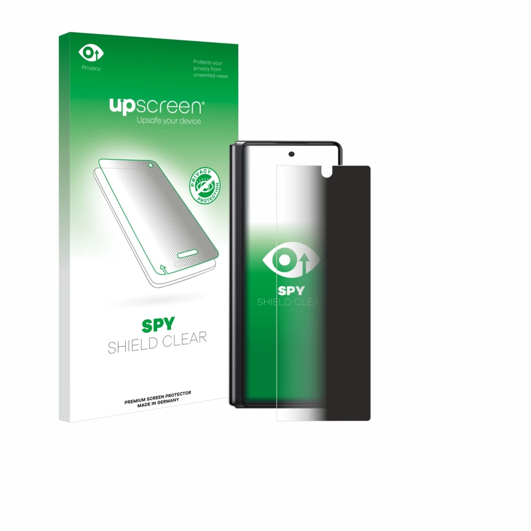 Vorderseite einer Produktverpackung mit dem Markenlogo upscreen. Daneben ist das Gerät Samsung Galaxy Z Fold 2 5G mit dem zuge