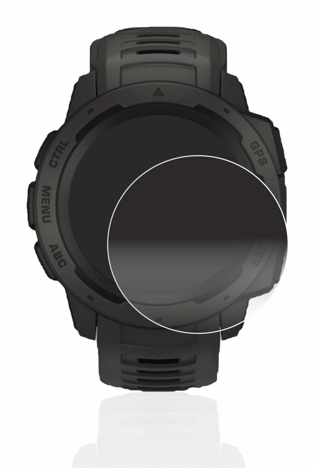 Abbildung des Geräts Garmin Instinct Solar mit einer Vielzahl des Displayschutzes.