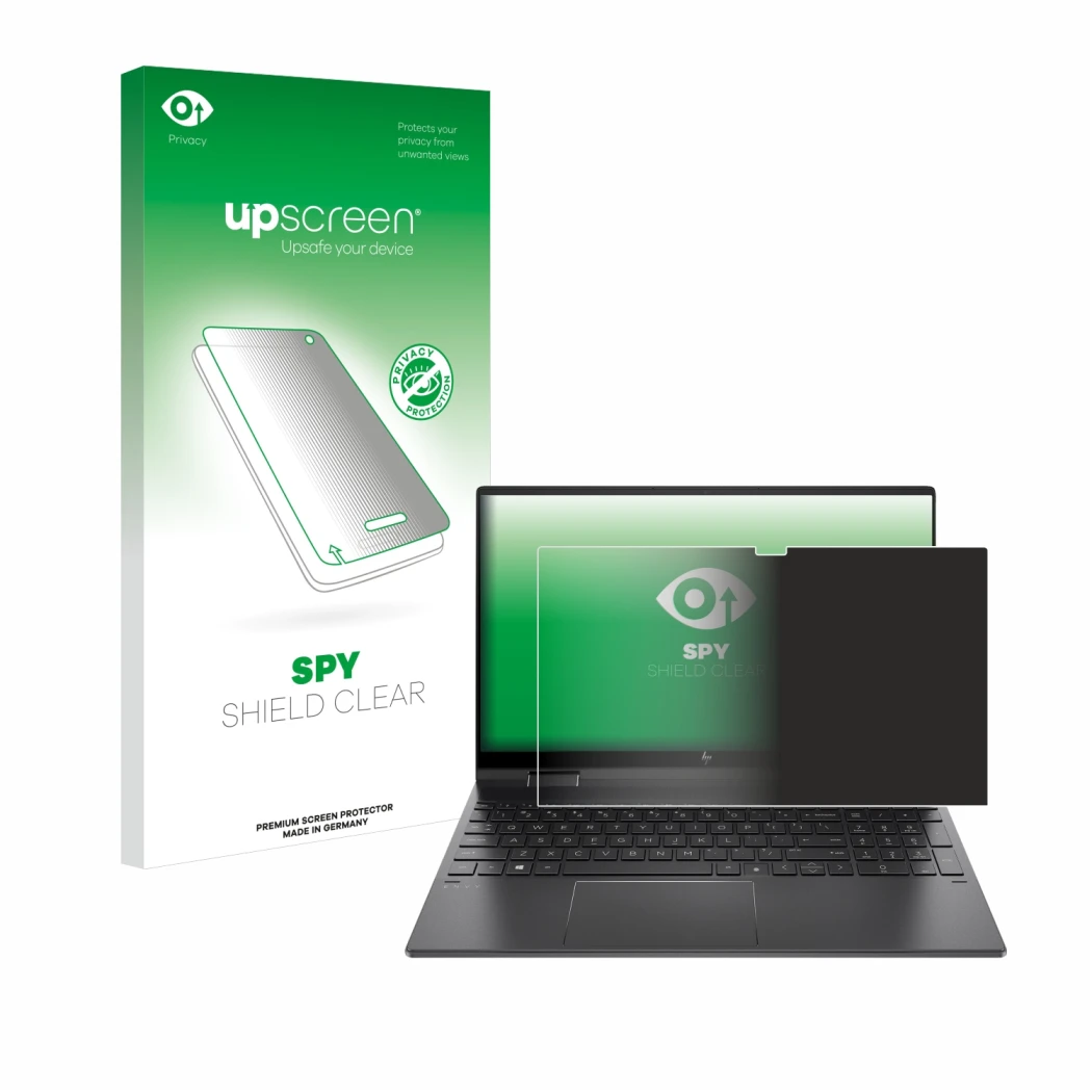 Vorderseite einer Produktverpackung mit dem Markenlogo upscreen. Daneben ist das Gerät HP Envy x360 (15-eX) (358 mm x 230 mm) 