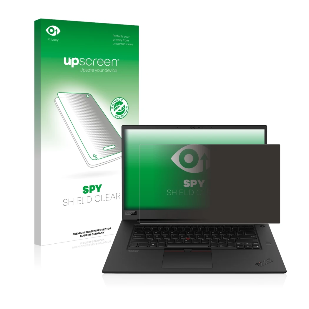 Vorderseite einer Produktverpackung mit dem Markenlogo upscreen. Daneben ist das Gerät Lenovo ThinkPad P1 Gen 3 mit dem zugehö