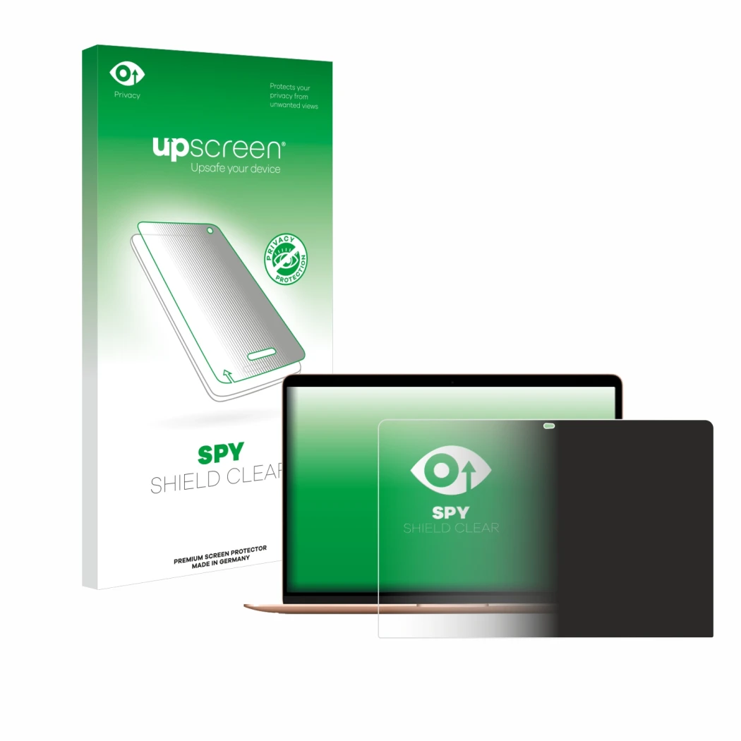 Vorderseite einer Produktverpackung mit dem Markenlogo upscreen. Daneben ist das Gerät Apple MacBook Air M1 2020 mit dem zugeh