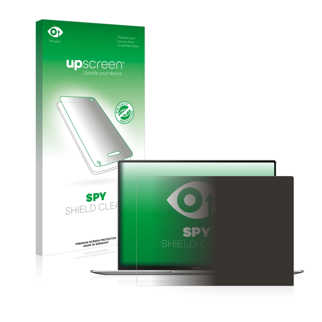 Vorderseite einer Produktverpackung mit dem Markenlogo upscreen. Daneben ist das Gerät Huawei MateBook X Pro 2021 mit dem zuge