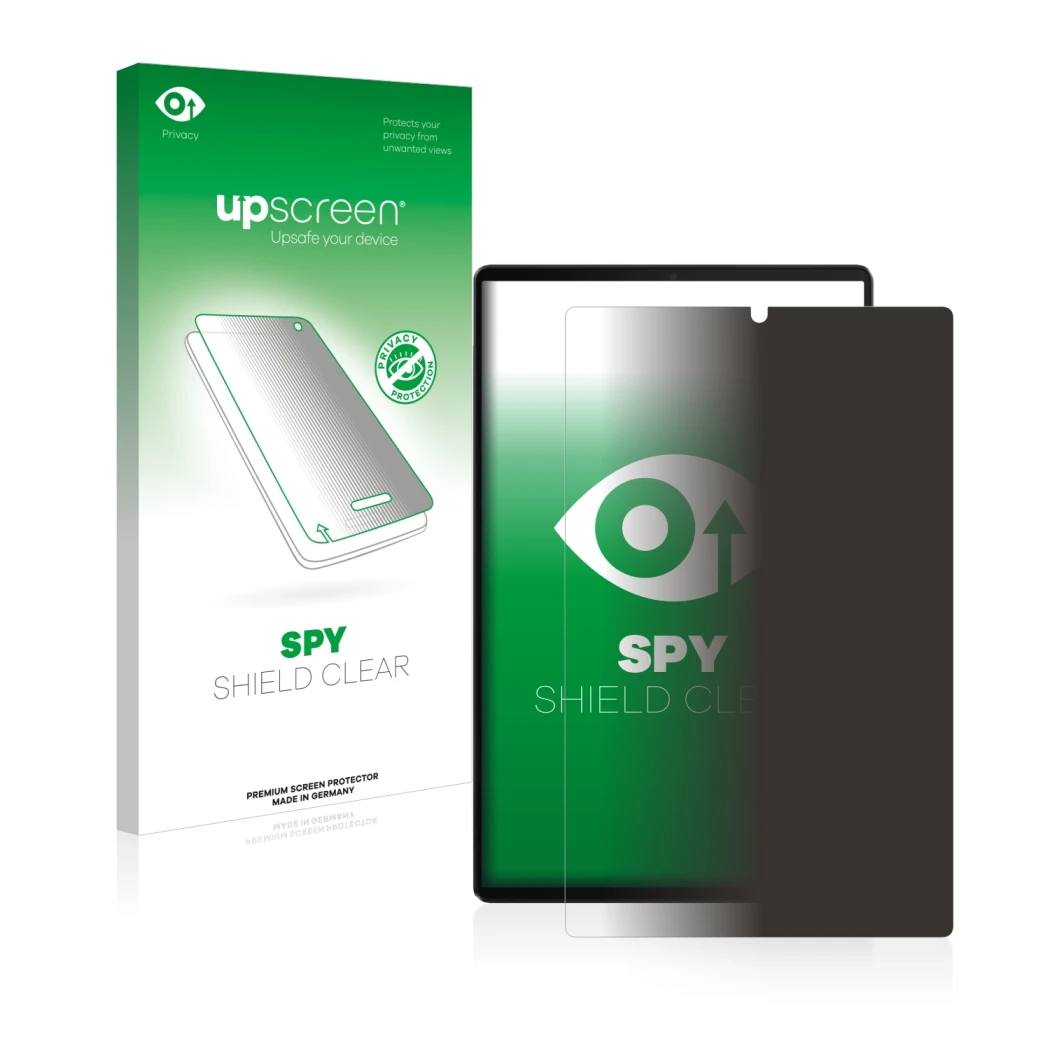 Vorderseite einer Produktverpackung mit dem Markenlogo upscreen. Daneben ist das Gerät Lenovo Tab M10 FHD Plus mit dem zugehör