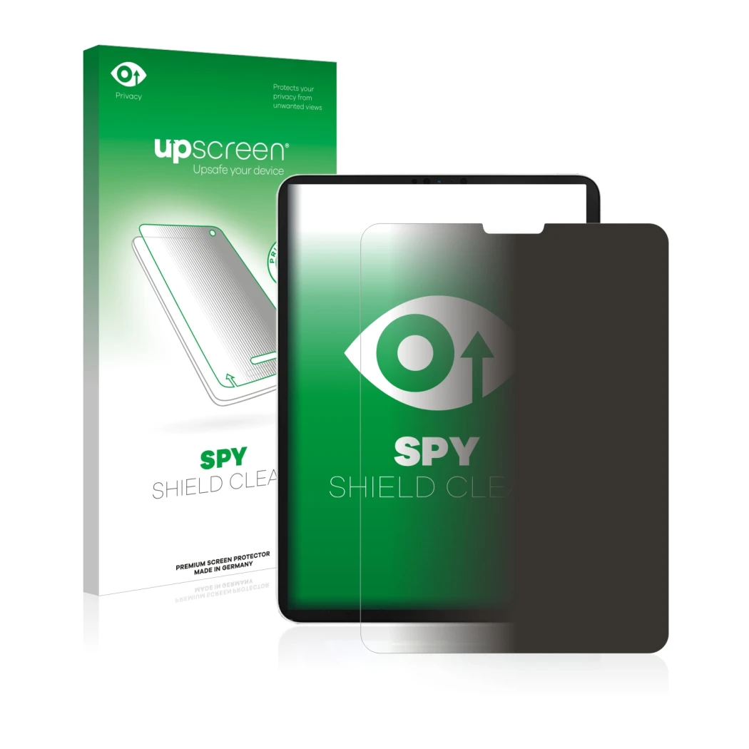 Vorderseite einer Produktverpackung mit dem Markenlogo upscreen. Daneben ist das Gerät Apple iPad Pro 11