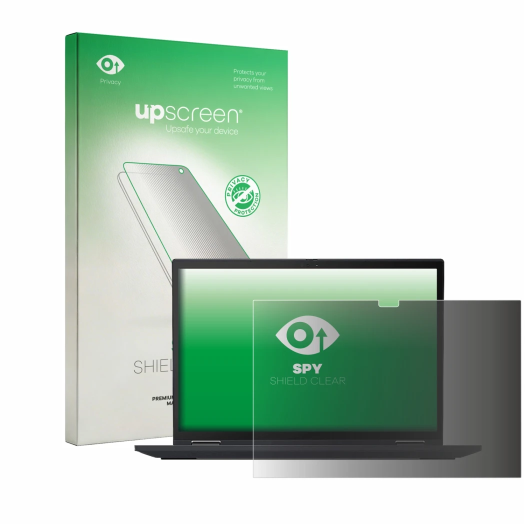 Vorderseite einer Produktverpackung mit dem Markenlogo upscreen. Daneben ist das Gerät Lenovo ThinkPad X13 Yoga Gen 2 mit dem 