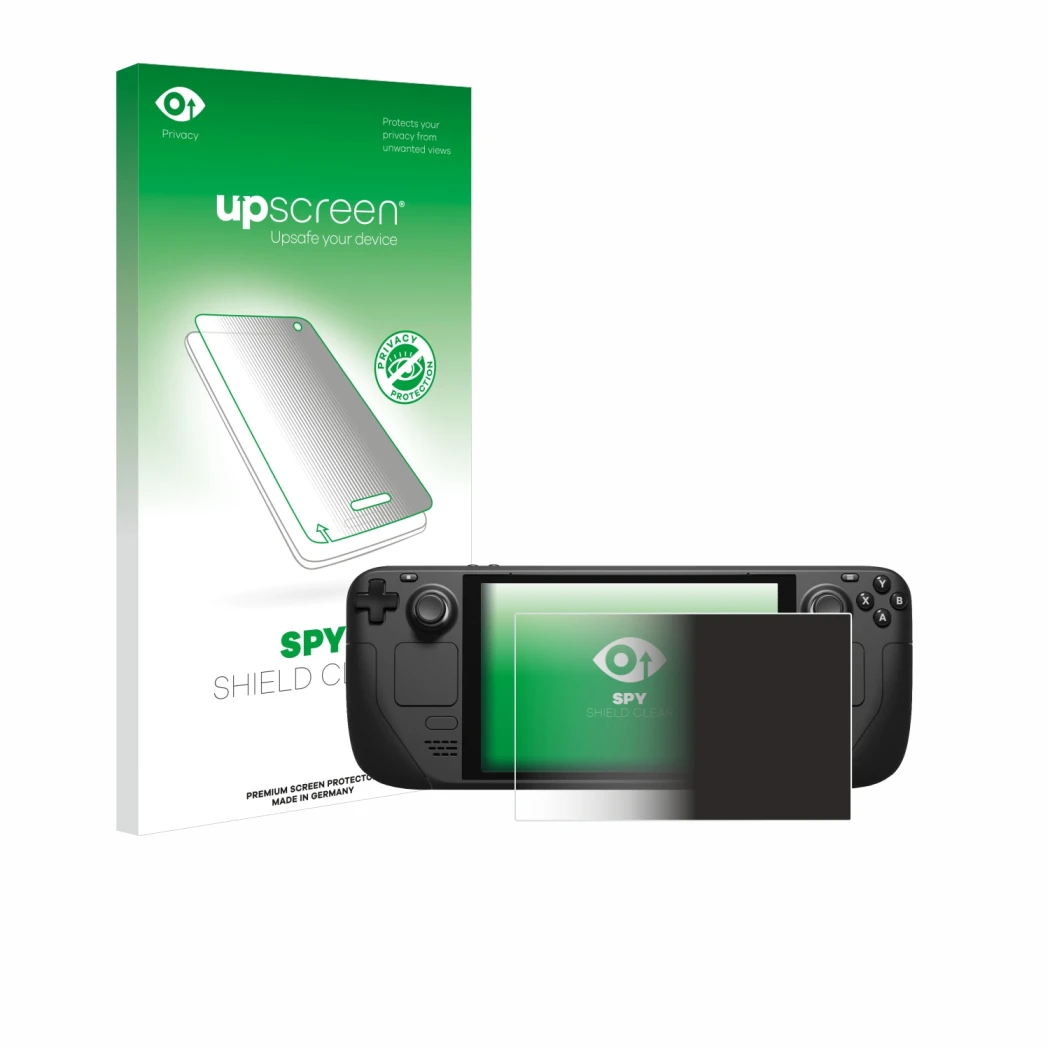 Vorderseite einer Produktverpackung mit dem Markenlogo upscreen. Daneben ist das Gerät Valve Steam Deck mit dem zugehörigen Di