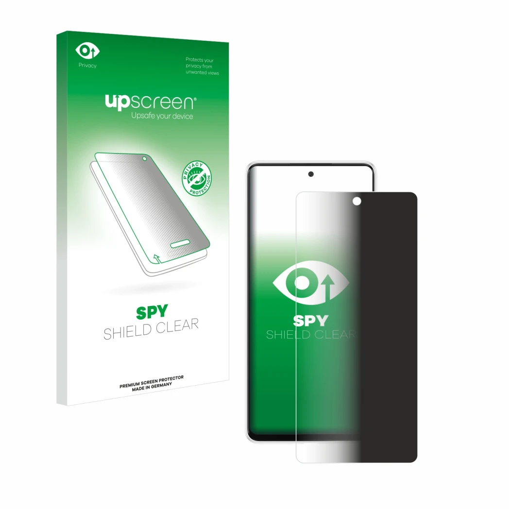 Vorderseite einer Produktverpackung mit dem Markenlogo upscreen. Daneben ist das Gerät Samsung Galaxy A53 5G mit dem zugehörig