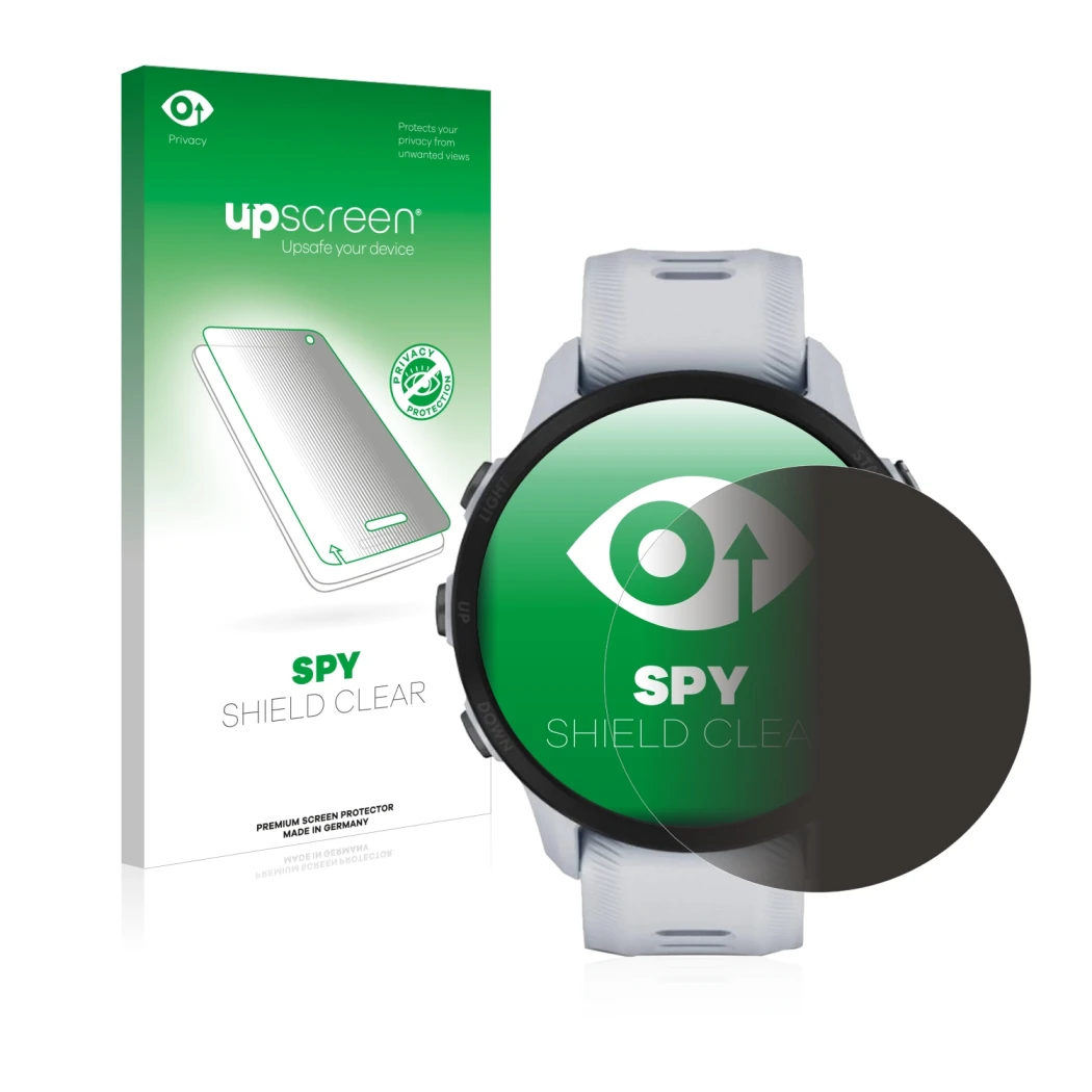 Vorderseite einer Produktverpackung mit dem Markenlogo upscreen. Daneben ist das Gerät Garmin Forerunner 955 Solar mit dem zug