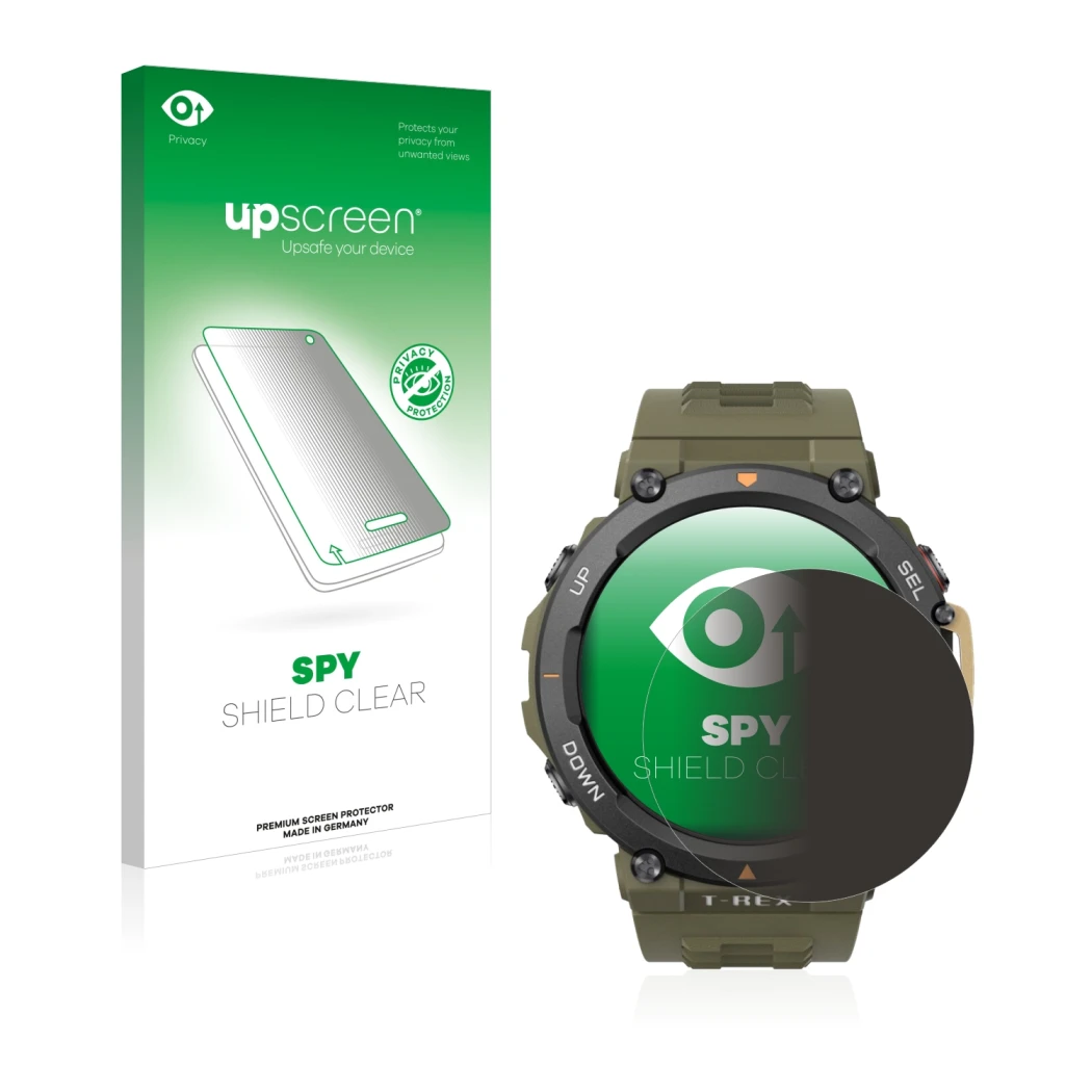 Vorderseite einer Produktverpackung mit dem Markenlogo upscreen. Daneben ist das Gerät Huami Amazfit T-Rex 2 mit dem zugehörig