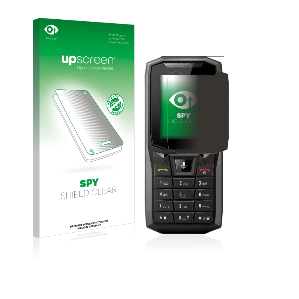 Vorderseite einer Produktverpackung mit dem Markenlogo upscreen. Daneben ist das Gerät Crosscall Core-S4 mit dem zugehörigen D