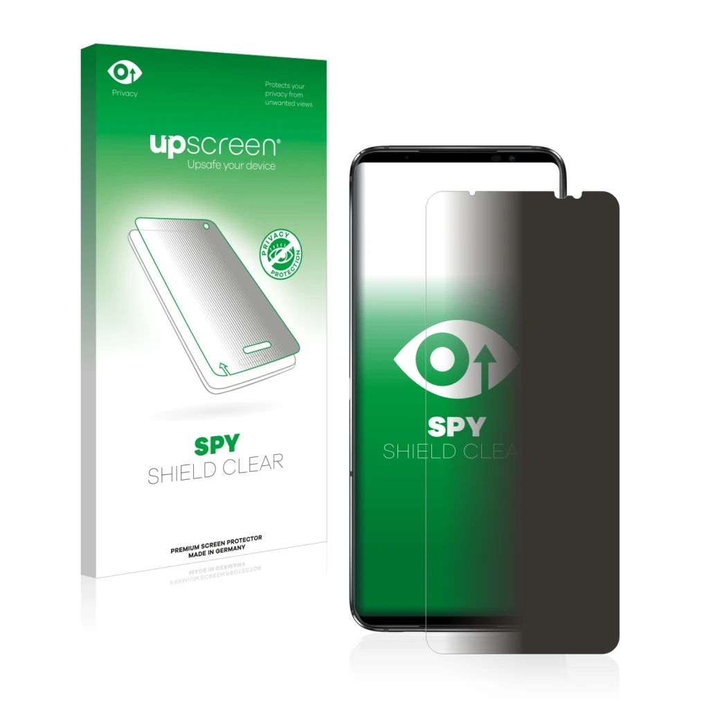 Vorderseite einer Produktverpackung mit dem Markenlogo upscreen. Daneben ist das Gerät ASUS ROG Phone 6 mit dem zugehörigen Di