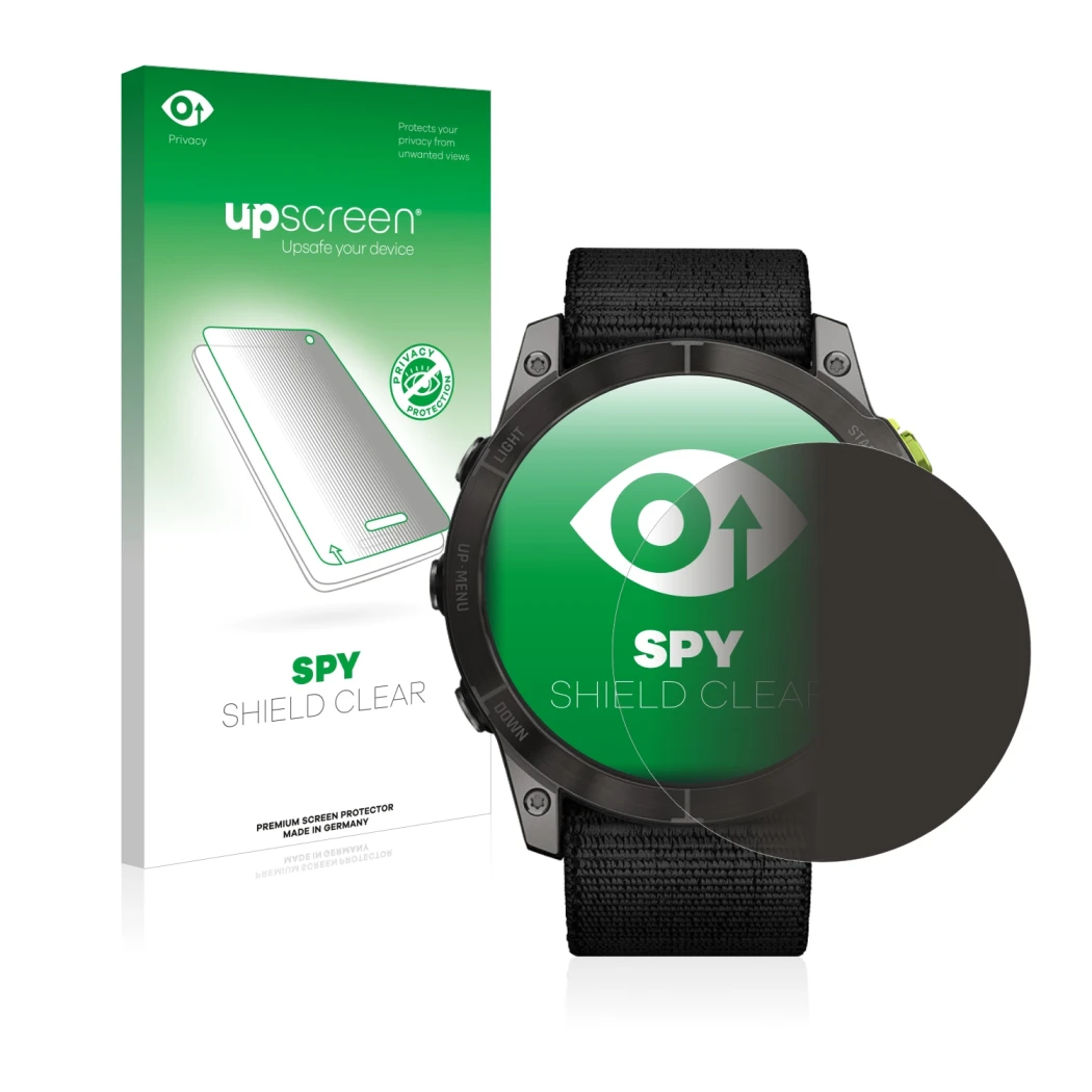 Vorderseite einer Produktverpackung mit dem Markenlogo upscreen. Daneben ist das Gerät Garmin Enduro 2 mit dem zugehörigen Dis