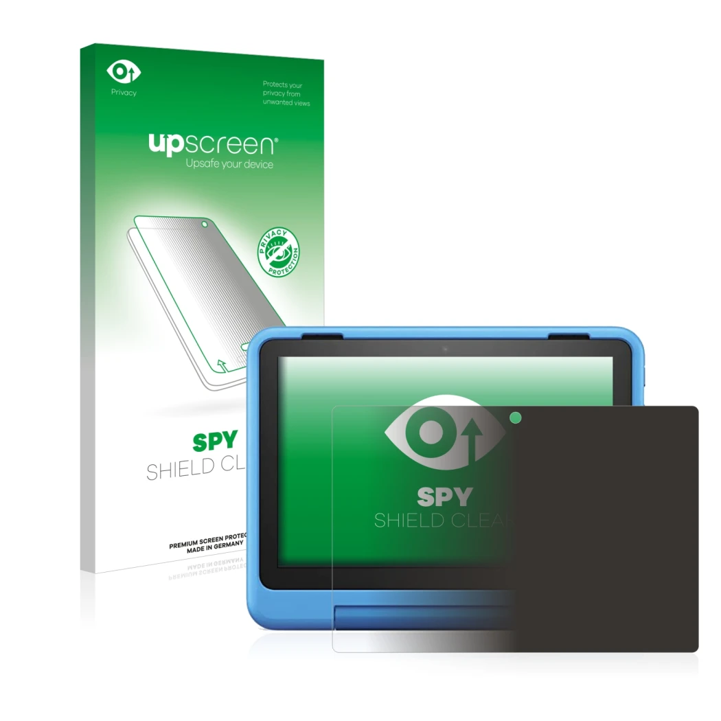 Vorderseite einer Produktverpackung mit dem Markenlogo upscreen. Daneben ist das Gerät Amazon Fire HD 8 Kids Pro 2022 mit dem 