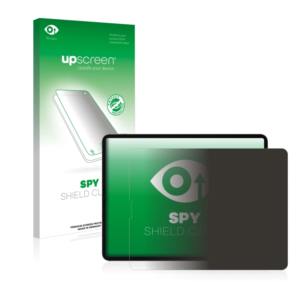 Vorderseite einer Produktverpackung mit dem Markenlogo upscreen. Daneben ist das Gerät Apple iPad Pro 12.9