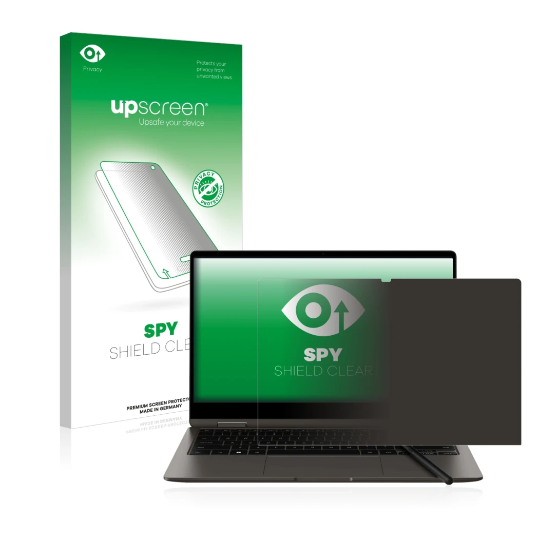 Vorderseite einer Produktverpackung mit dem Markenlogo upscreen. Daneben ist das Gerät Samsung Galaxy Book3 360 13