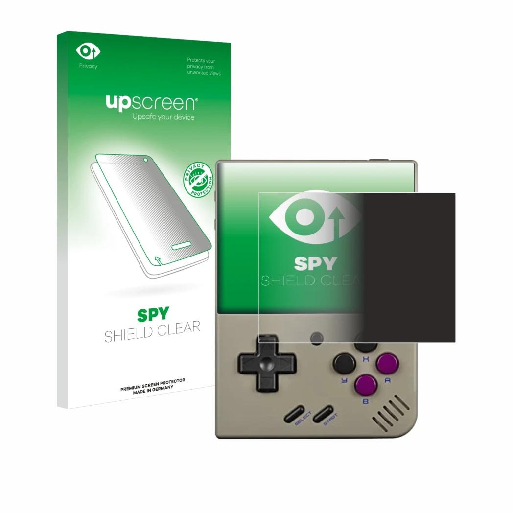 Vorderseite einer Produktverpackung mit dem Markenlogo upscreen. Daneben ist das Gerät Miyoo Mini Plus mit dem zugehörigen Dis