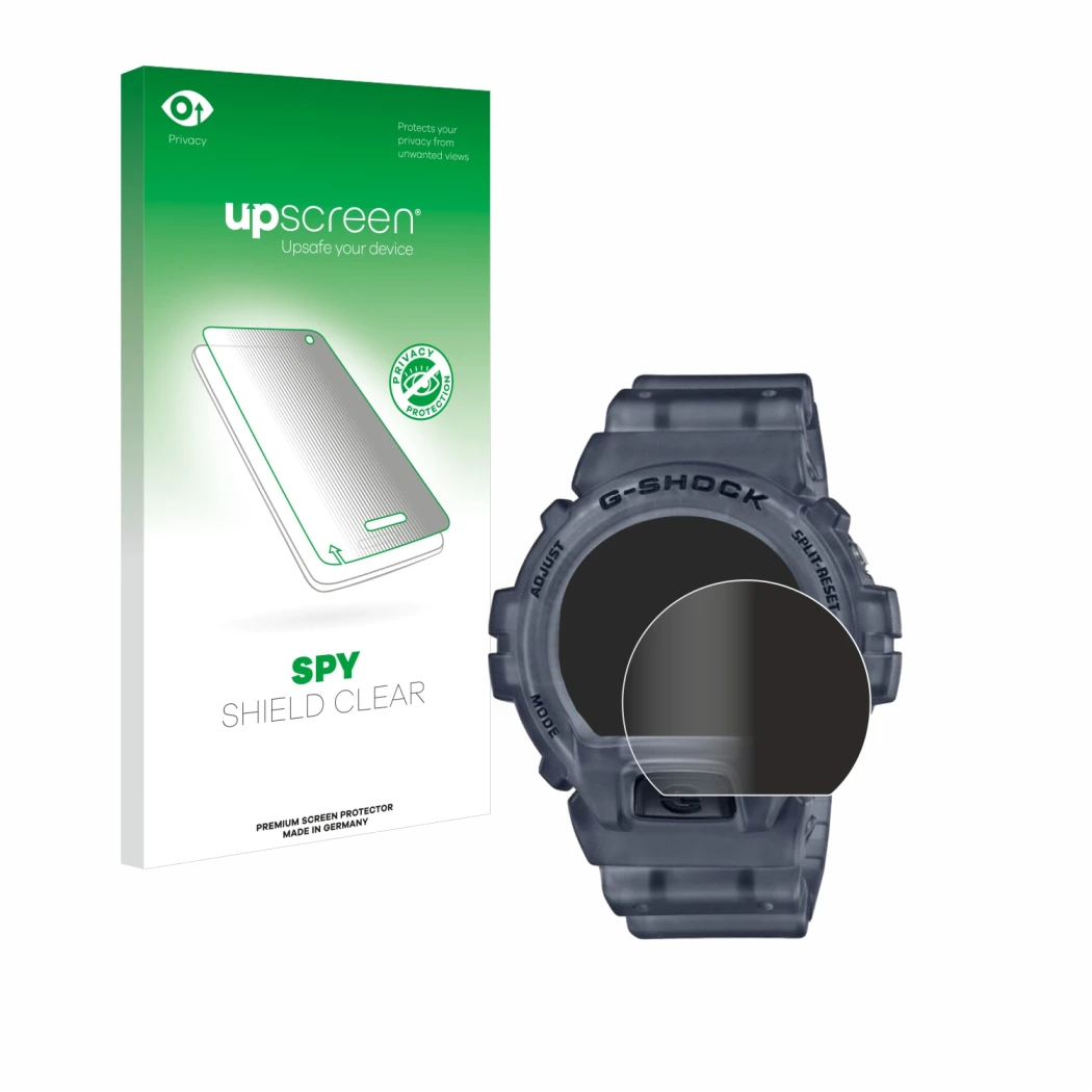 Vorderseite einer Produktverpackung mit dem Markenlogo upscreen. Daneben ist das Gerät Casio G-Shock DW-6900 mit dem zugehörig