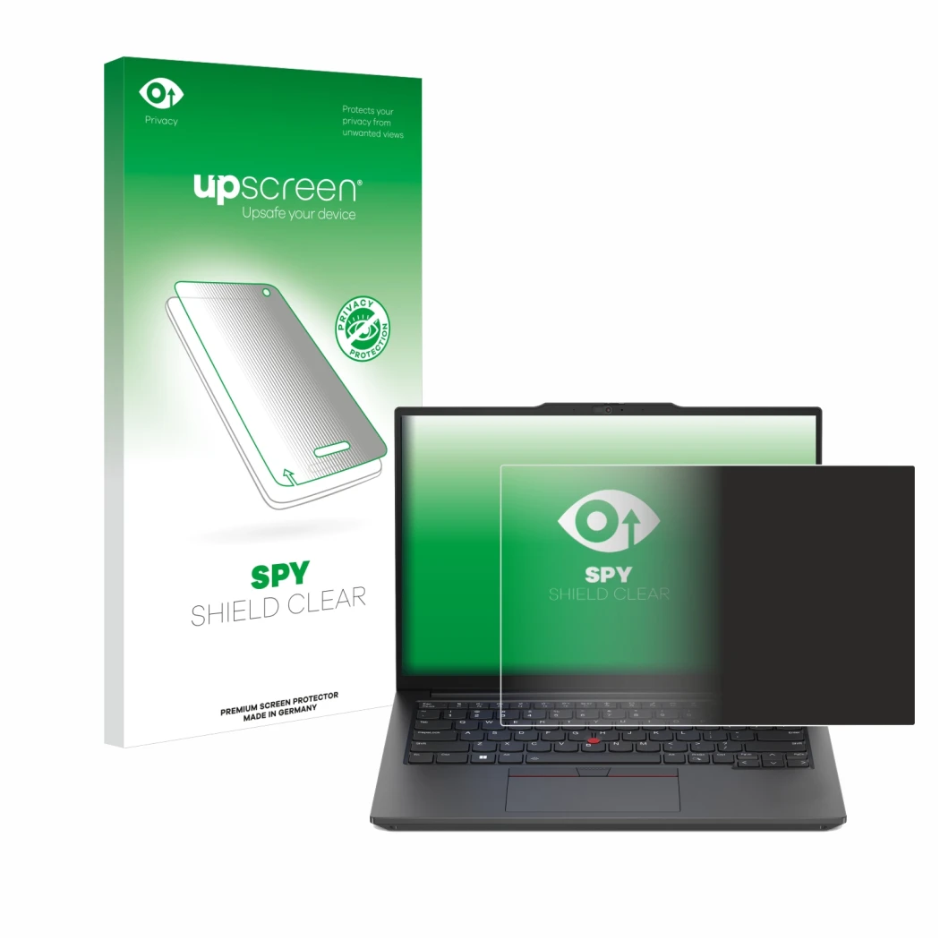 Vorderseite einer Produktverpackung mit dem Markenlogo upscreen. Daneben ist das Gerät Lenovo ThinkPad E14 Gen 5 mit dem zugeh