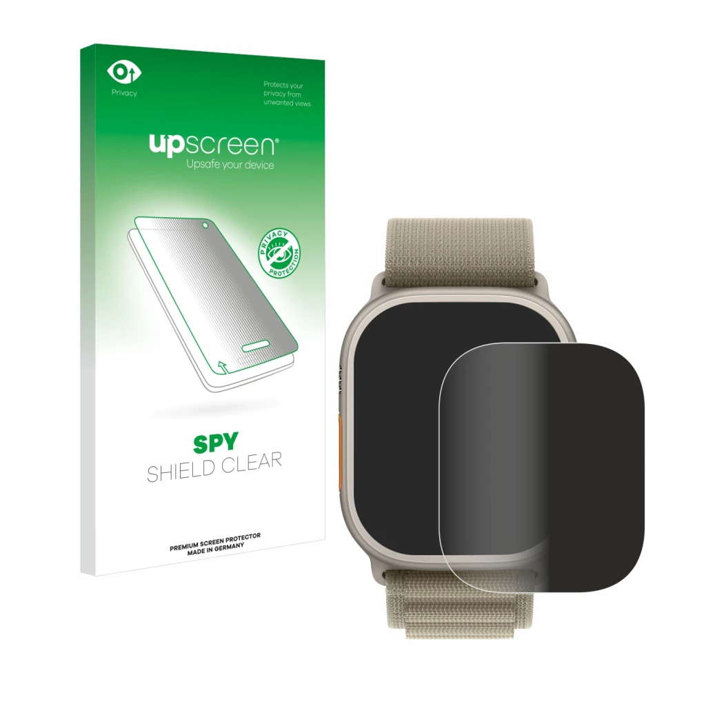 Vorderseite einer Produktverpackung mit dem Markenlogo upscreen. Daneben ist das Gerät Apple Watch Ultra 2 (49 mm) mit dem zug