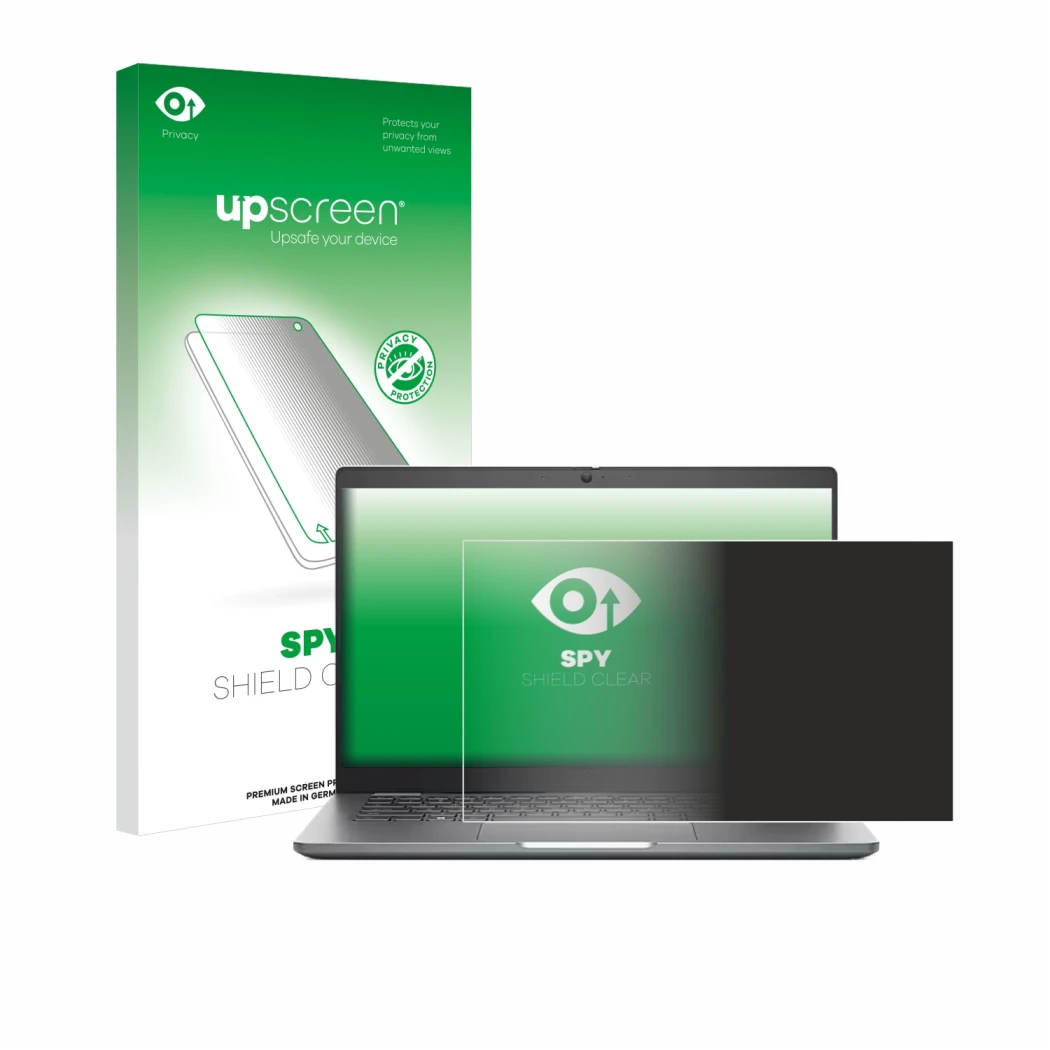 Vorderseite einer Produktverpackung mit dem Markenlogo upscreen. Daneben ist das Gerät Dell Latitude 5340 Laptop mit dem zugeh