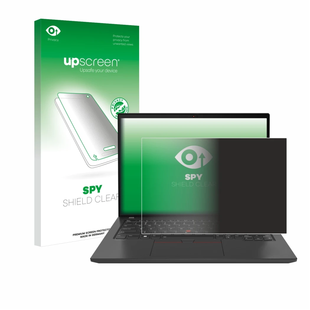 Vorderseite einer Produktverpackung mit dem Markenlogo upscreen. Daneben ist das Gerät Lenovo ThinkPad T16 Gen 3 mit dem zugeh