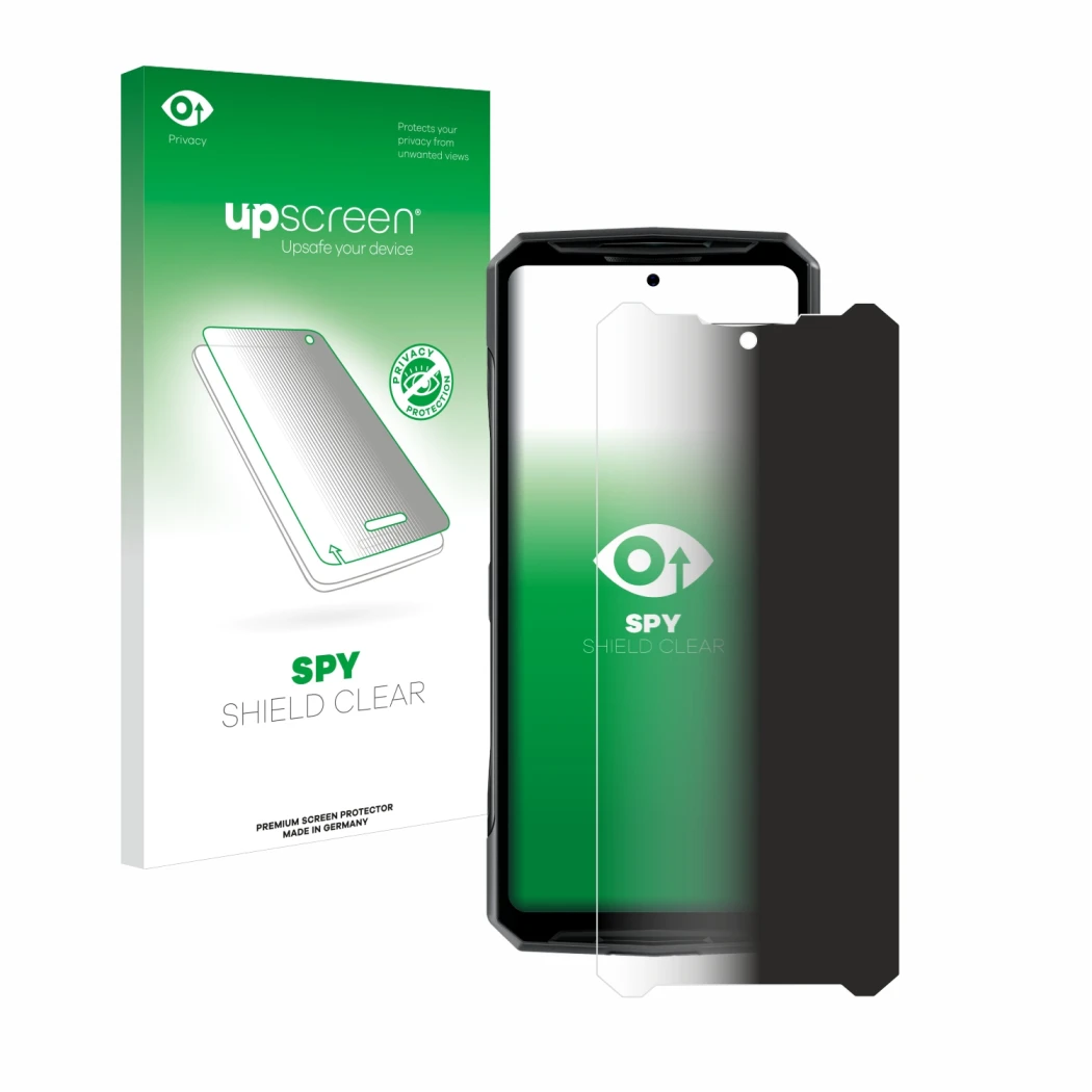 Vorderseite einer Produktverpackung mit dem Markenlogo upscreen. Daneben ist das Gerät Doogee DK10 mit dem zugehörigen Display