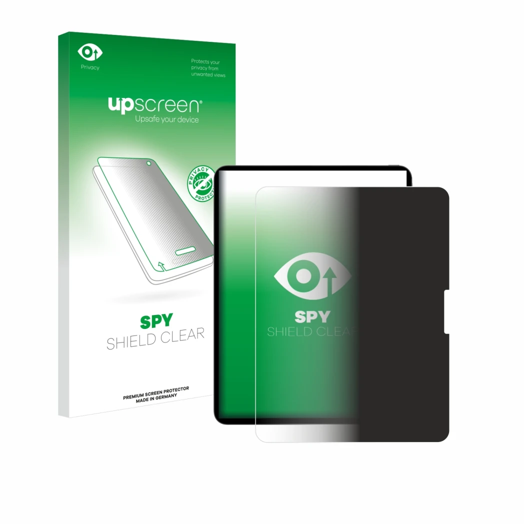 Vorderseite einer Produktverpackung mit dem Markenlogo upscreen. Daneben ist das Gerät Apple iPad Pro 13