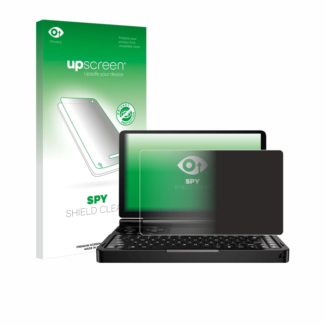 Vorderseite einer Produktverpackung mit dem Markenlogo upscreen. Daneben ist das Gerät GPD Win Mini (2024) mit dem zugehörigen