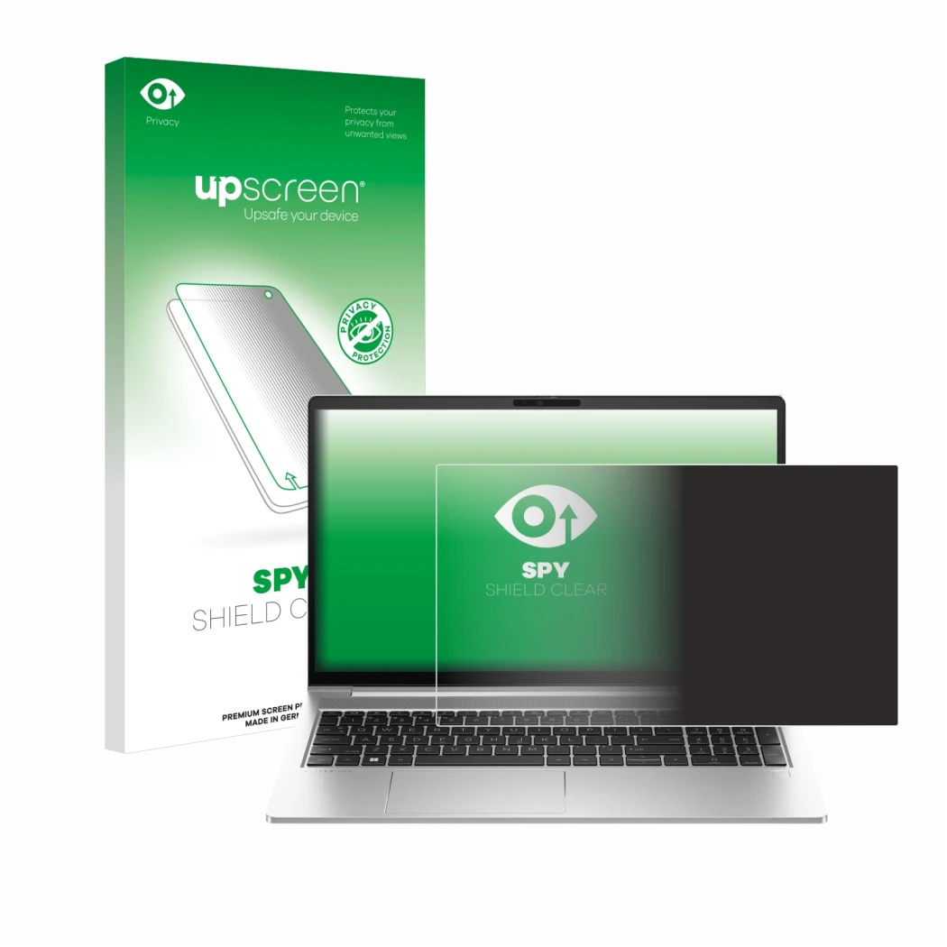 Vorderseite einer Produktverpackung mit dem Markenlogo upscreen. Daneben ist das Gerät HP EliteBook 640 G10 mit dem zugehörige