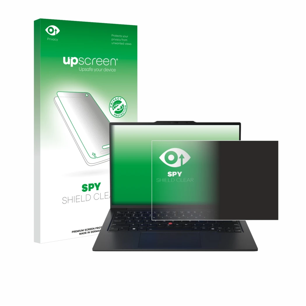 Vorderseite einer Produktverpackung mit dem Markenlogo upscreen. Daneben ist das Gerät Lenovo ThinkPad X1 Carbon Gen 12 14