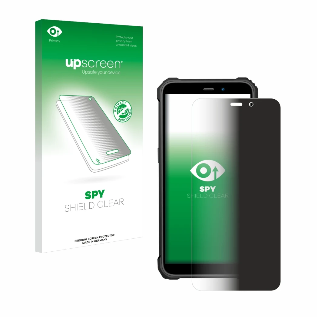 Vorderseite einer Produktverpackung mit dem Markenlogo upscreen. Daneben ist das Gerät Oukitel WP32 mit dem zugehörigen Displa