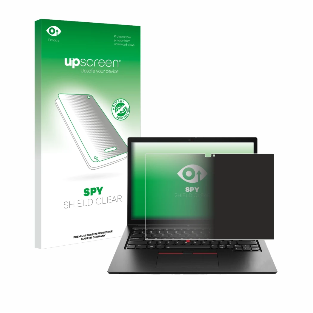 Vorderseite einer Produktverpackung mit dem Markenlogo upscreen. Daneben ist das Gerät Lenovo ThinkPad L13 2-in-1 Gen 5 mit de