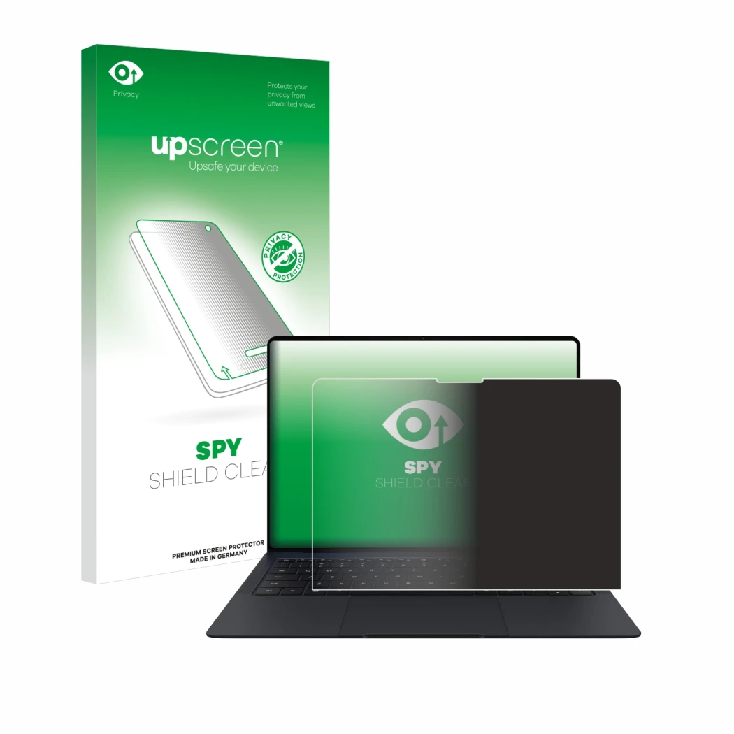 Vorderseite einer Produktverpackung mit dem Markenlogo upscreen. Daneben ist das Gerät Huawei MateBook X Pro 2024 mit dem zuge