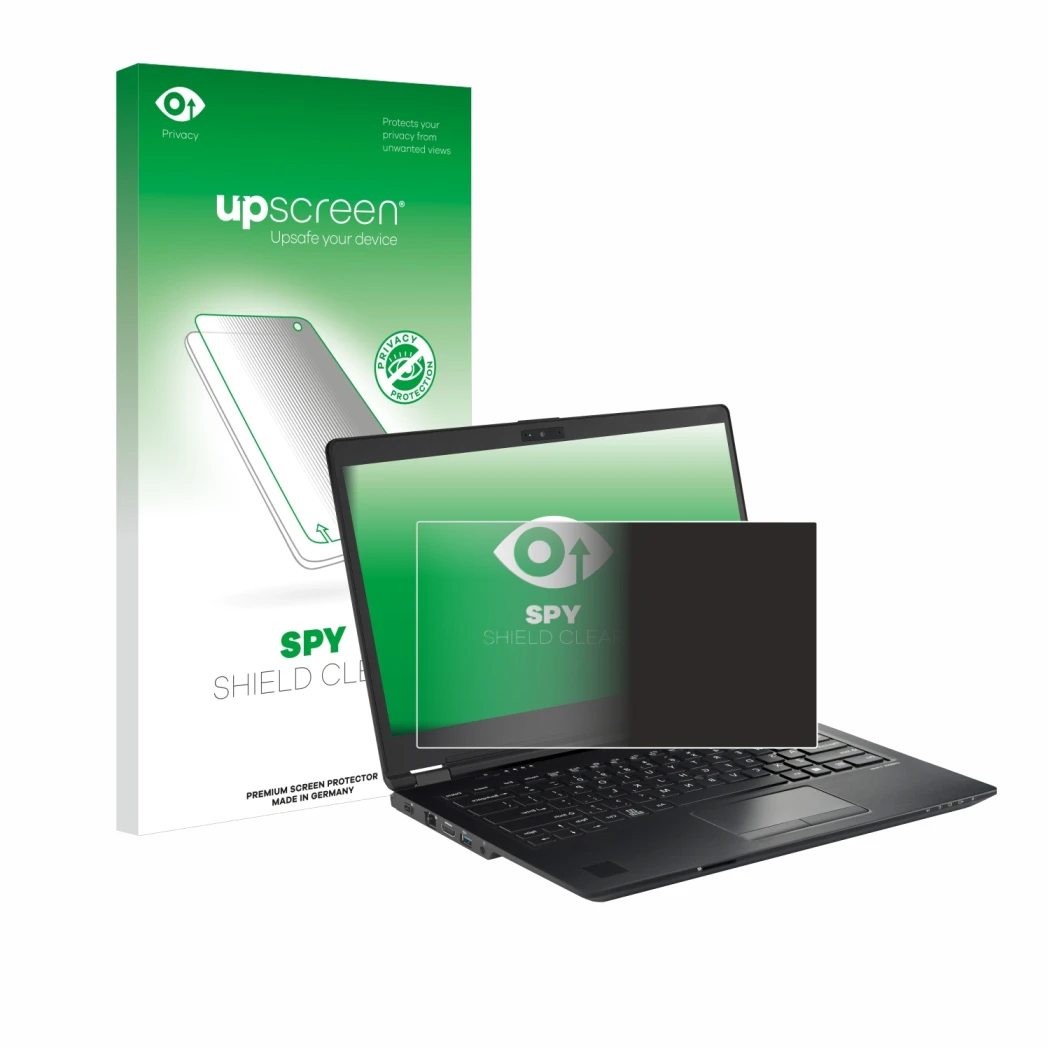 Vorderseite einer Produktverpackung mit dem Markenlogo upscreen. Daneben ist das Gerät Fujitsu Lifebook U7410 mit dem zugehöri