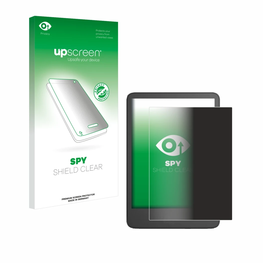 Vorderseite einer Produktverpackung mit dem Markenlogo upscreen. Daneben ist das Gerät Amazon Kindle 2024 mit dem zugehörigen 